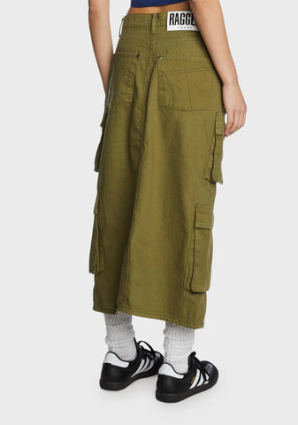 Khaki Soda Denim Cargo Skirt