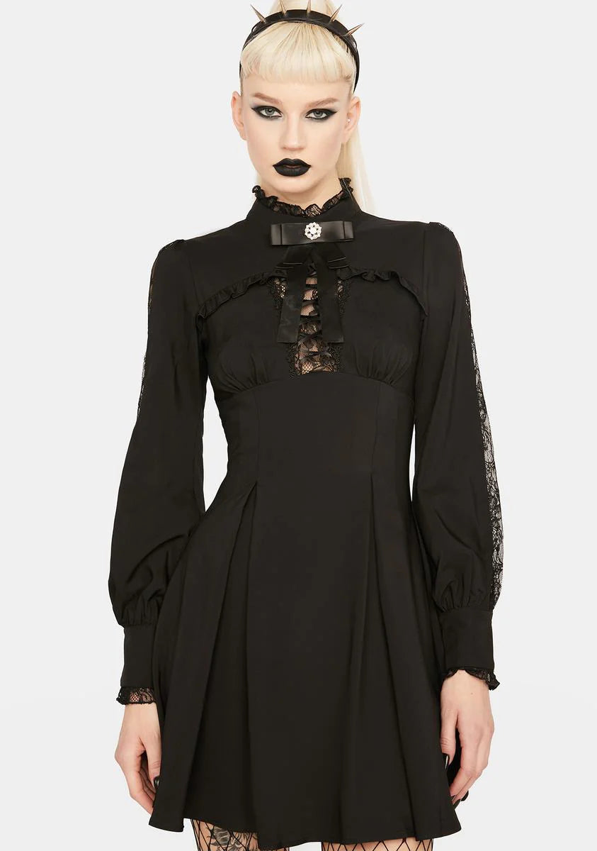 Ribbon Neck Tie Long Sleeve Mini Dress