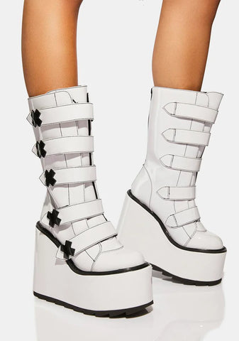 White Patent Dune Strapped Platform Boots