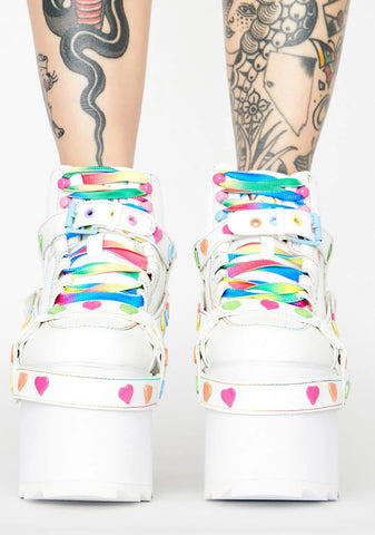 White Qozmo Bondage Rainbow Heart Platform Sneakers