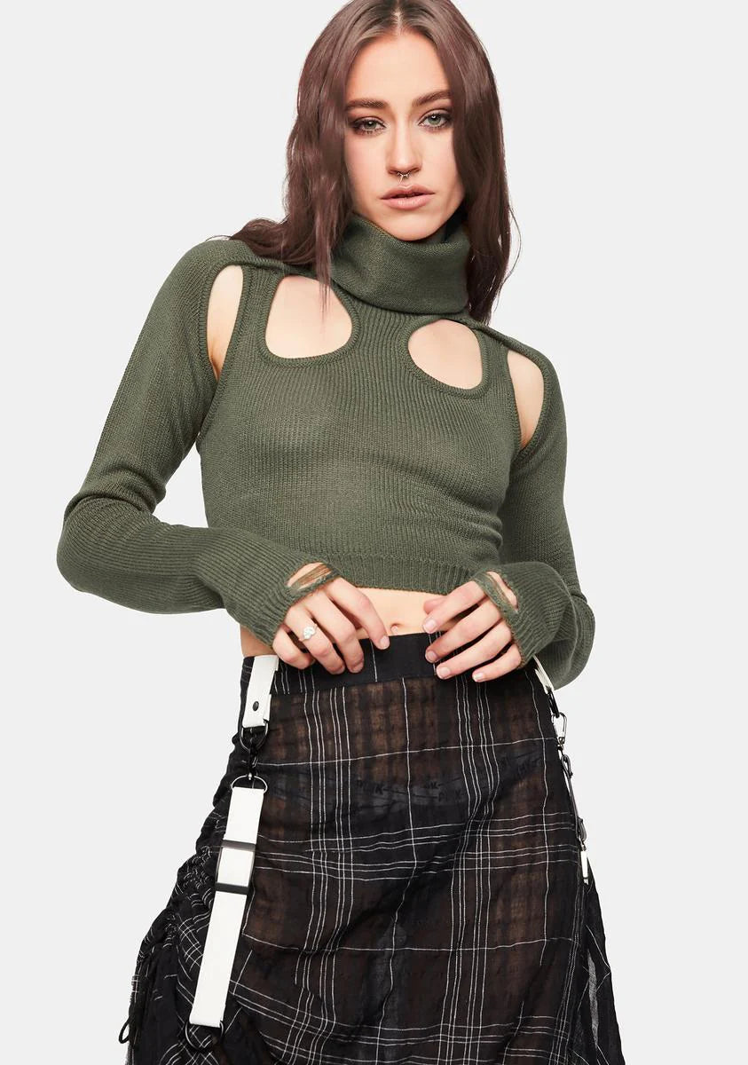 Distortion Olive Knit Cutout Turtleneck Top
