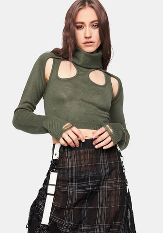 Distortion Olive Knit Cutout Turtleneck Top