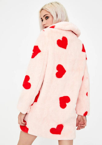 Heart Print Faux Fur Coat