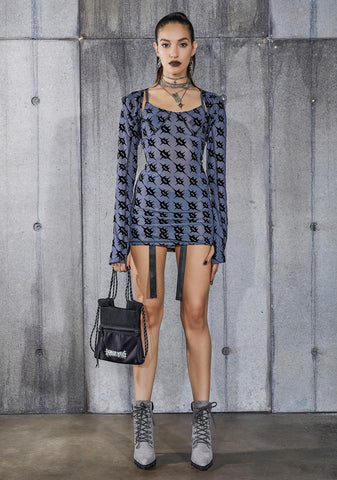 Snare Monogram Print Mesh Dress And Shrug Set