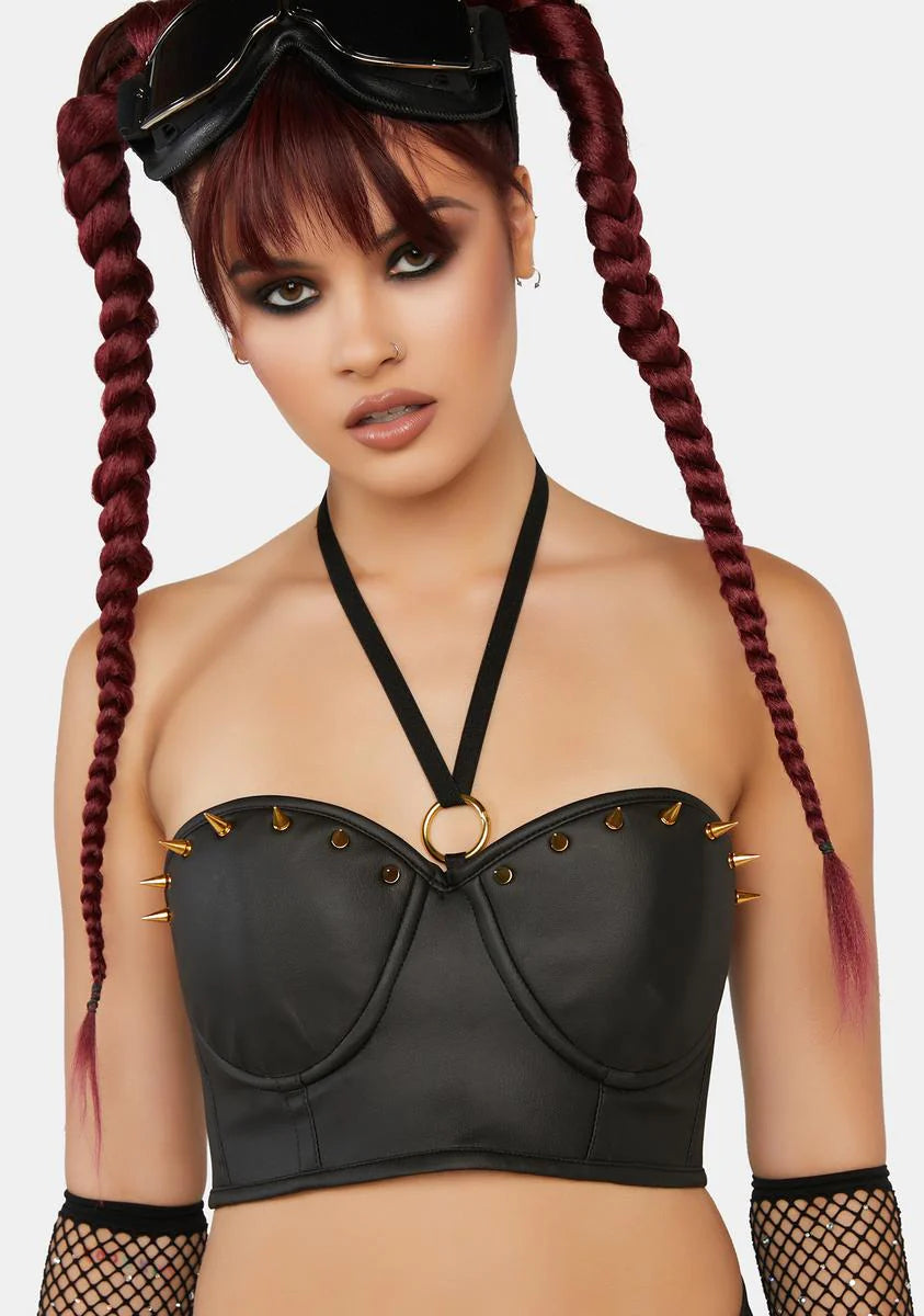 Lavish Spiked Faux Leather Halter Bustier