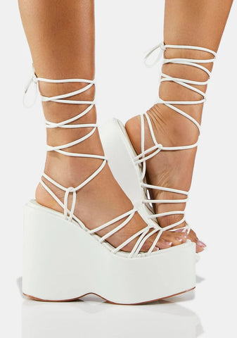 White Nolia Lace Up Platform Wedges