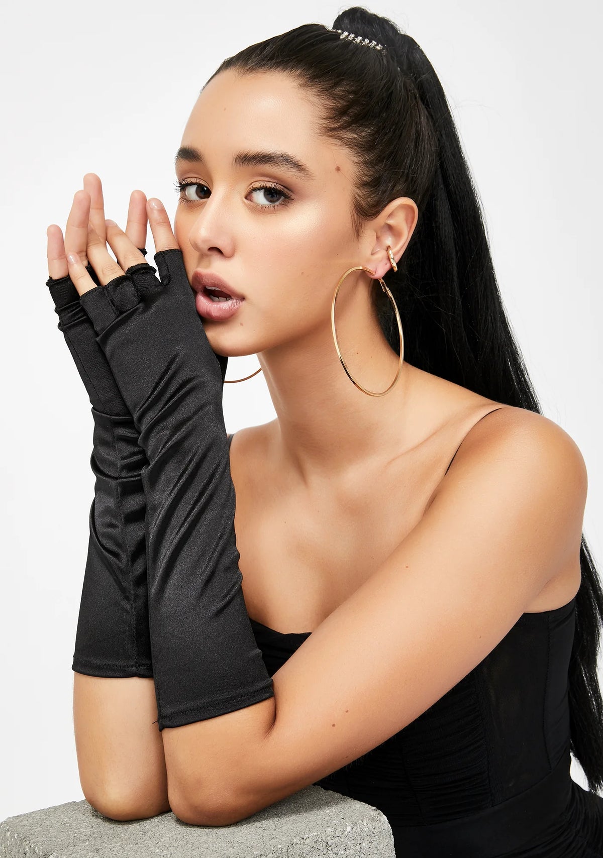 Noir From Afar Satin Gloves