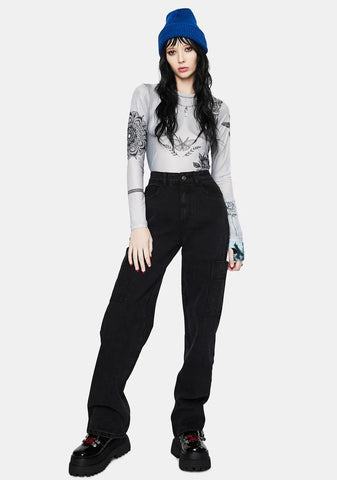 Washed Black Wide Leg Cargo Jeans