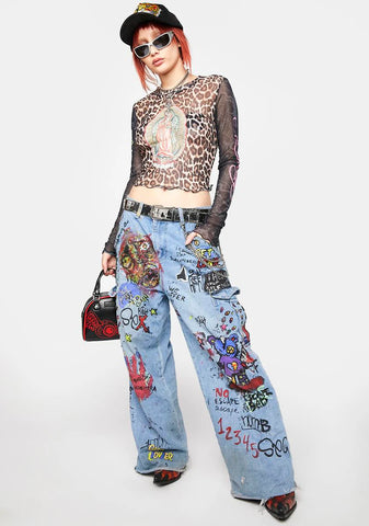 Mary Print Leopard Mesh Top