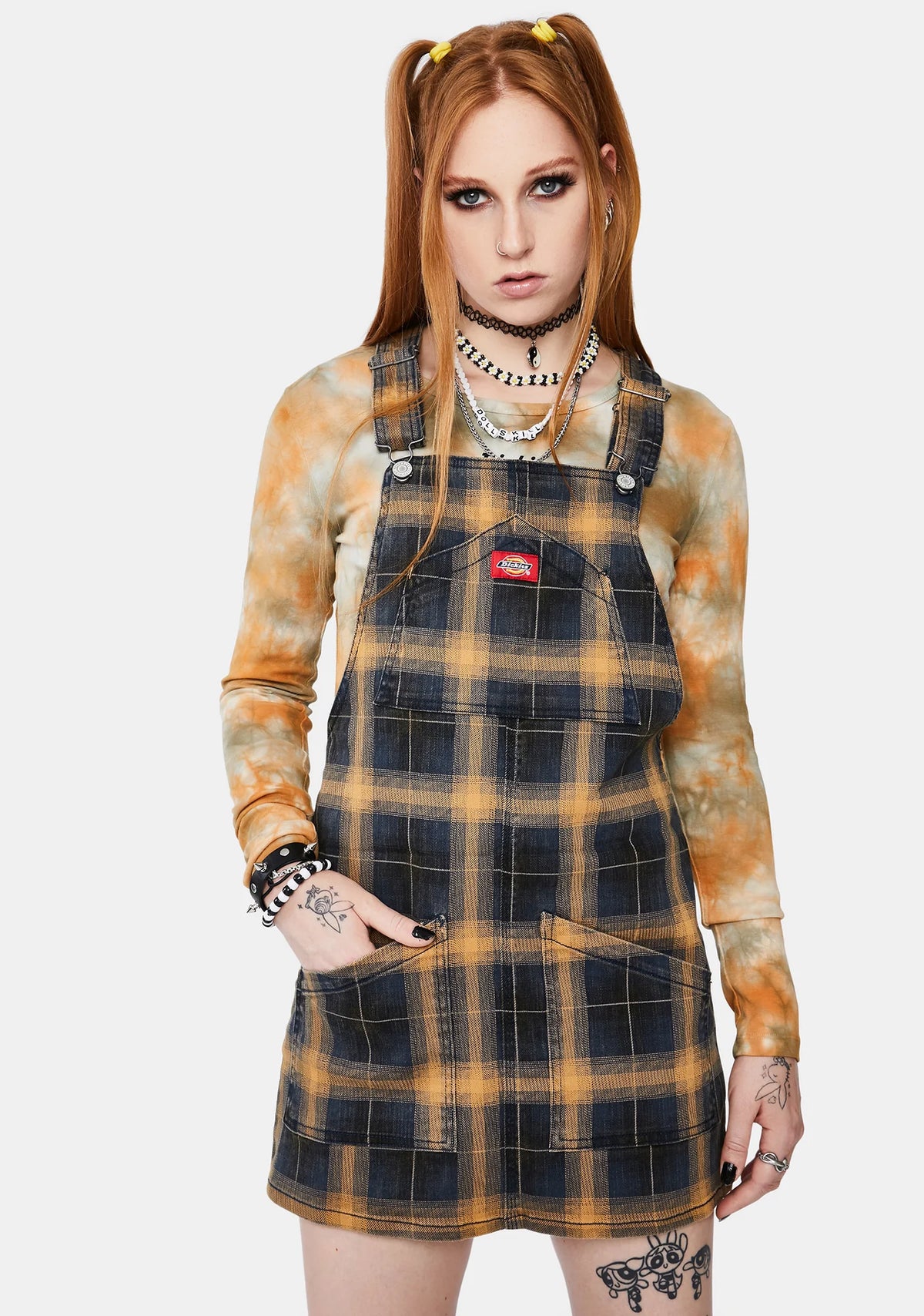 Brown Plaid Overall Mini Dress
