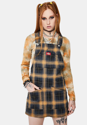 Brown Plaid Overall Mini Dress