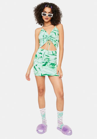 Green Tie Dye Ruched Mini Dress