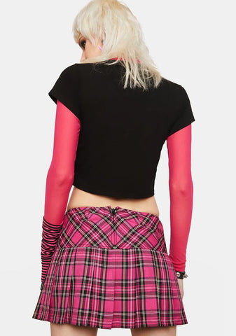 Pink Plaid Pleated Mini Skirt