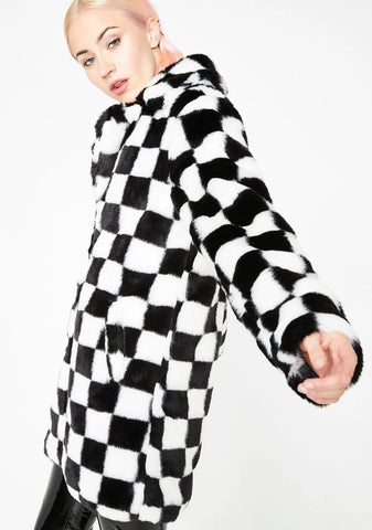 Mad Youth Checkered Faux Fur Coat