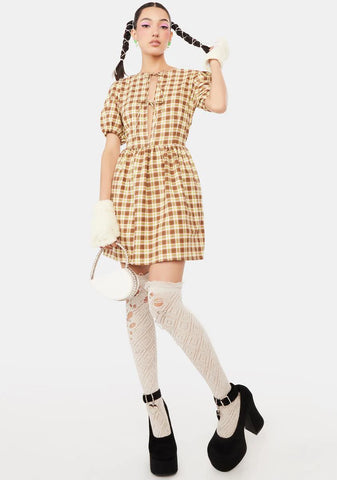 Yellow Brown Check Shirley Mini Dress