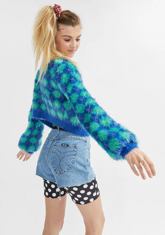 Static Cling Fuzzy Argyle Cardigan