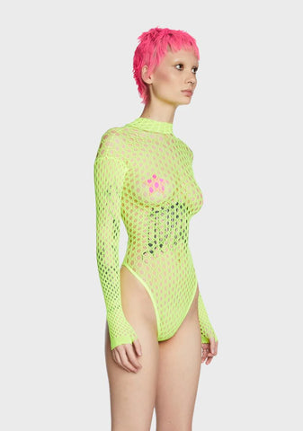 Fever Long Sleeve Zipped Bodysuit - Neon Yellow