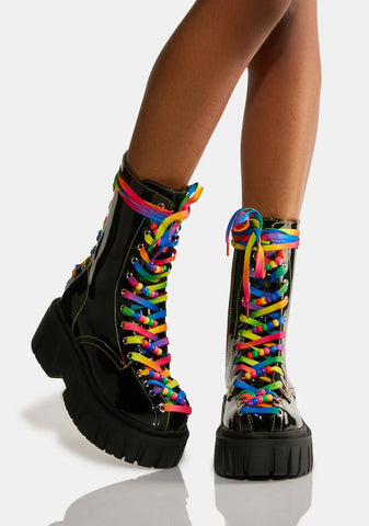 Laser Disco Rainbow Lace-Up Boots