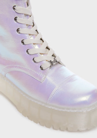 White Iridescent Combat Boots