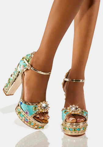 Teal Cici Jeweled Platform Heels