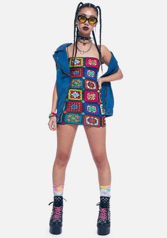 Retro Realness Crochet Print Mini Dress