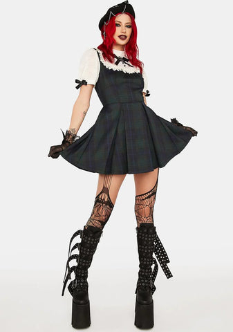 Skull Puff Sleeve Plaid Mini Dress