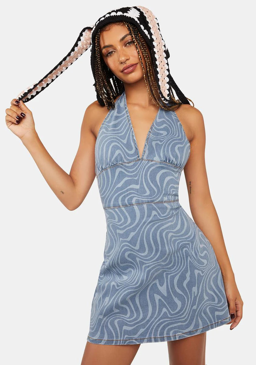Denim Swirl Halter Mini Dress