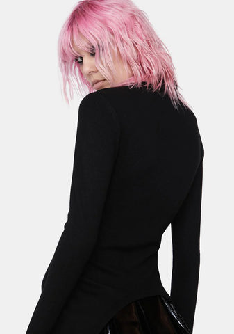 High Collar Pointed Hem Cut Out Top