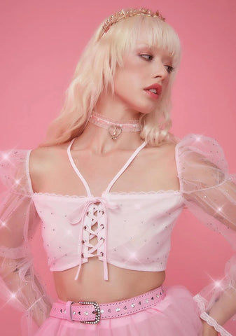 Star Signs Rhinestone Puff Sleeve Crop Top