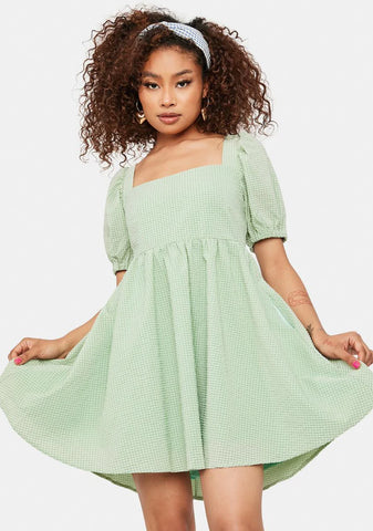 Sage Mellow Mood Puff Sleeve Mini Dress
