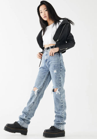 Mid Wash Long Straight Leg Jeans