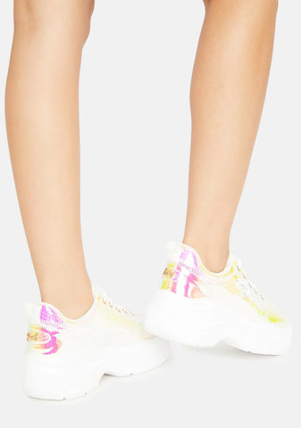Iridescent Yellow Snake Platform Sneakers