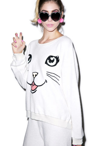 Happy Cat Oversized Sweatshirt - White