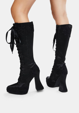 Paint It Black Satin Knee High Boots