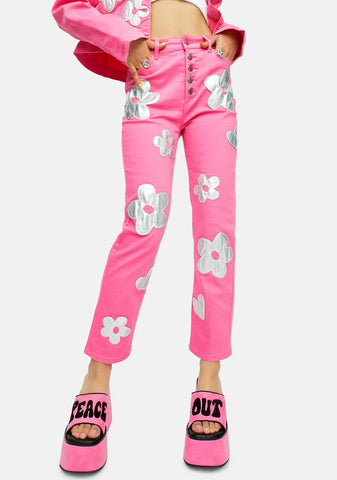 Heart Of Glass Holo Flower Applique Twill Pants