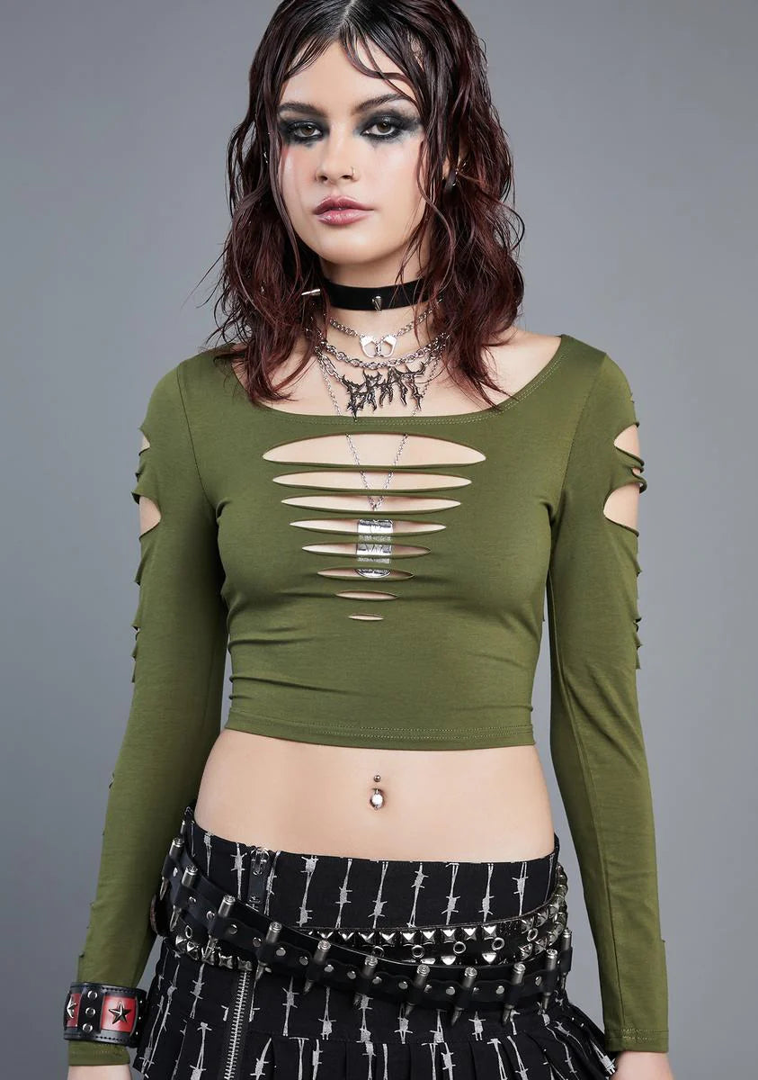 Olive New Skin Shredded Crop Top