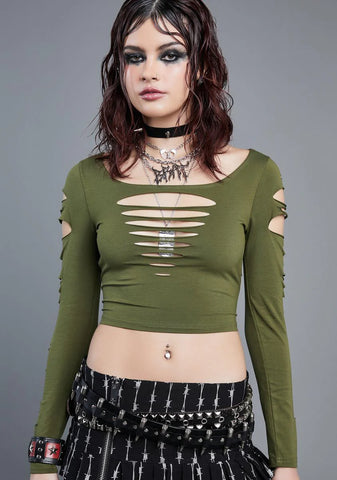 Olive New Skin Shredded Crop Top