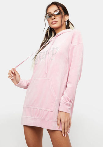 Rose Big Bling Velour Hoodie Dress