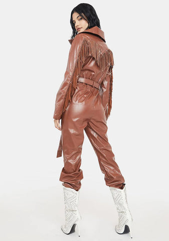 Mocha No Free Rides Fringe Jumpsuit