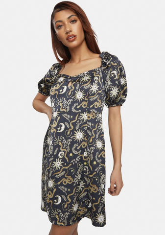 Black Sun Moon Puff Sleeve Mini Dress
