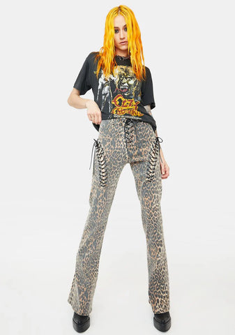 Leopard Lace Up Flared Jeans