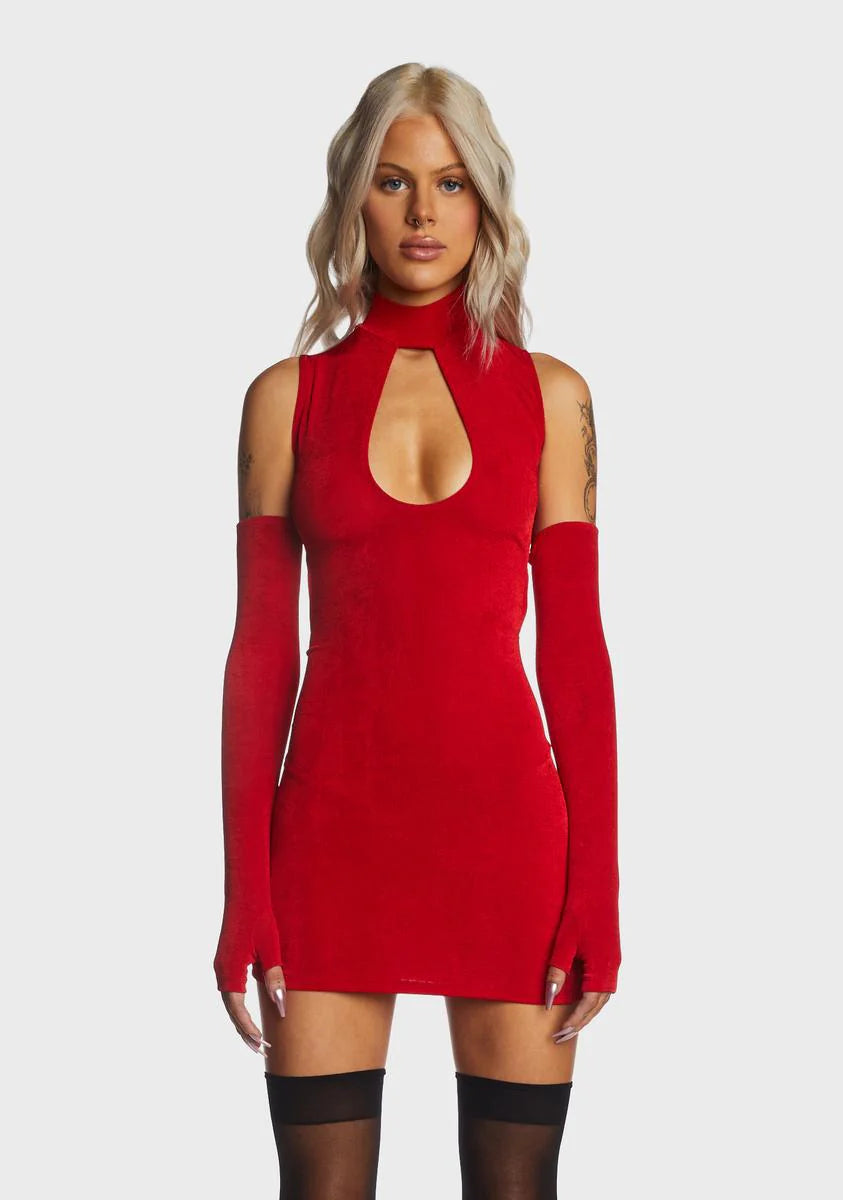 Red Cut Out Mini Dress With Gloves
