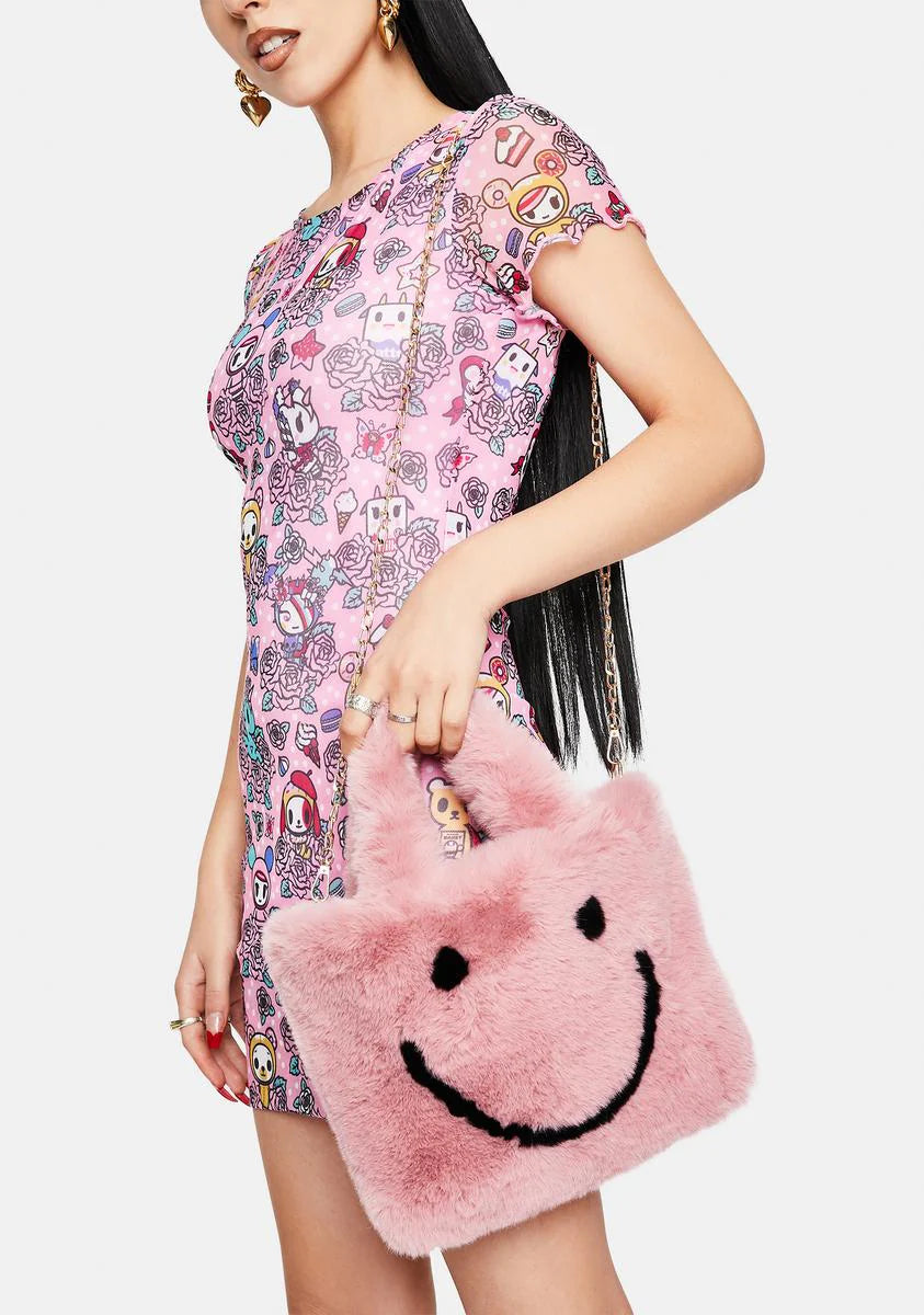 Pink Smiley Face Faux Fur Bag