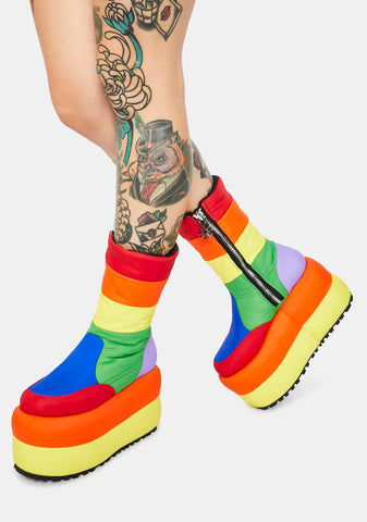 Sweet Retreat Platform Puffer Boots - Rainbow
