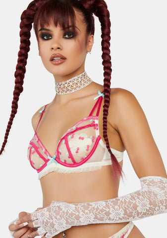 Cherry Embroidered Frill Bra