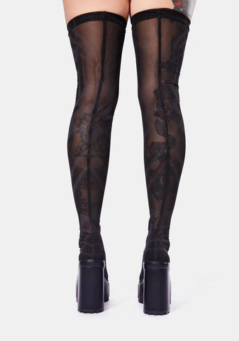 Snare Tattoo Print Mesh Thigh High Boots