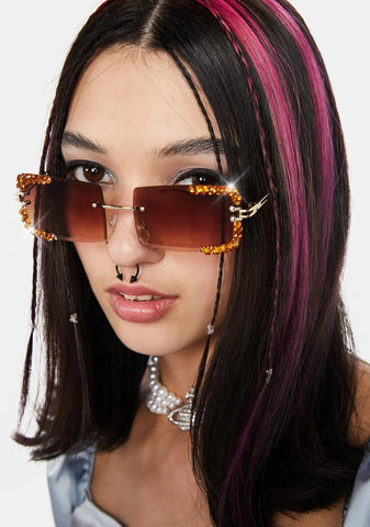Brown Rimless Revival Rhinestone Sunglasses