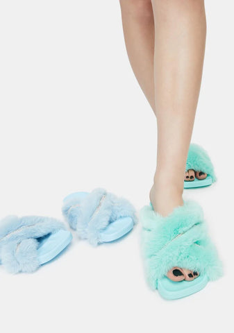 Mint Doing Too Much Faux Fur Slide Sandals
