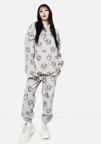 Grey Hello Kitty Printed Fleece Hoodie