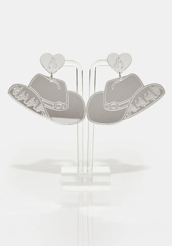 Silver Yeehaw Cowgirl Hat Earrings